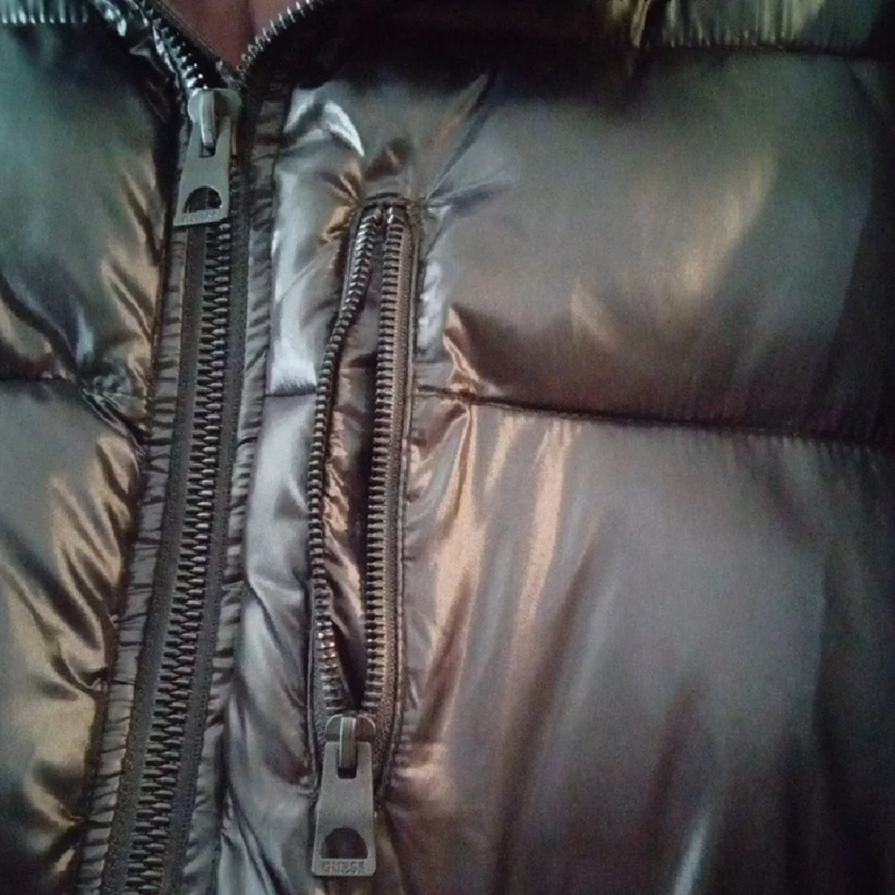 GUESS Black Puffer Coat with Deep Red Interior